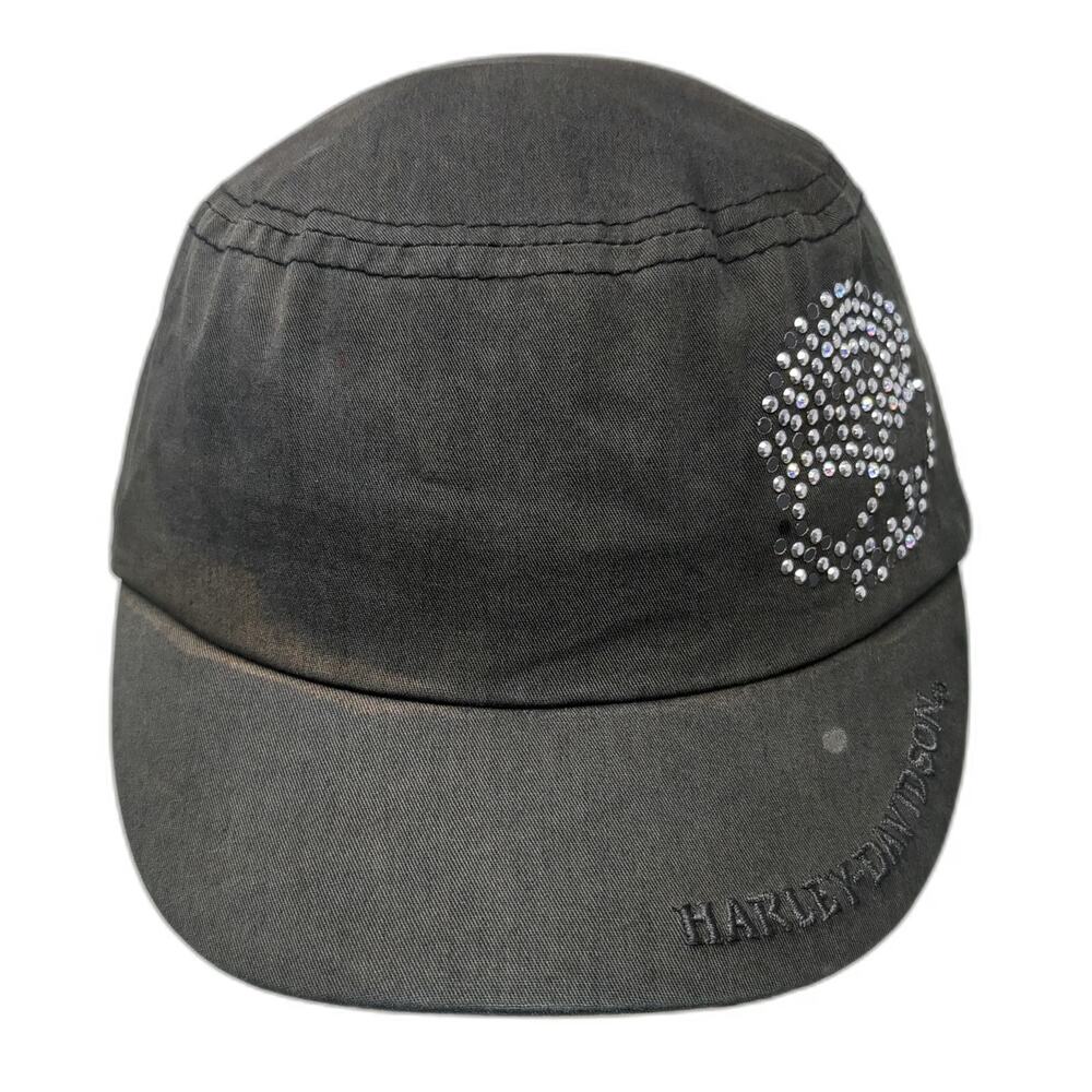 Harley-Davidson Army Cap Gray One Size Rhinestone Skull Embroidered Cotton Hat
